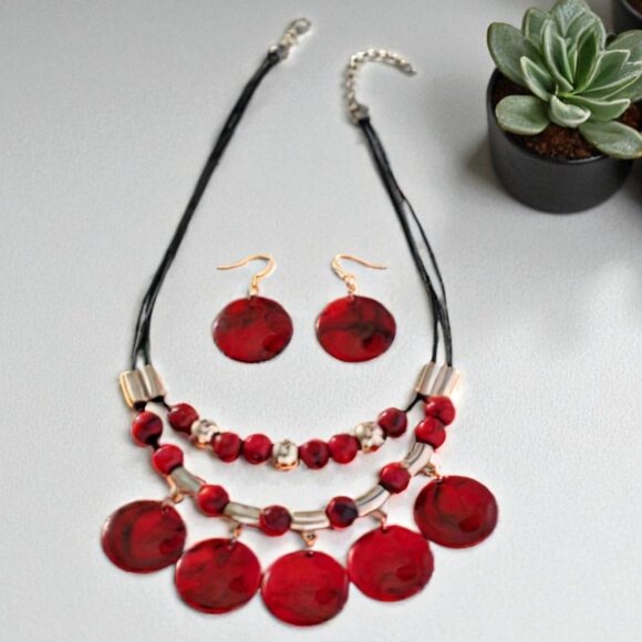 Fashion Jewelry Jewelry - Statement Necklace & Earrings Set Red Beaded Disc Pendant Boho Layered Fashion J